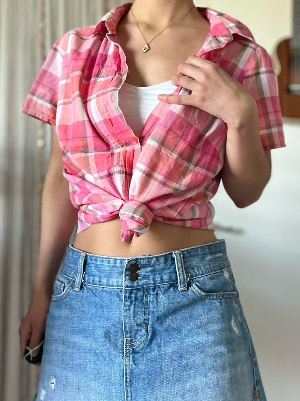 pink plaid button up top